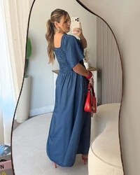 Vestido Plus Size Longo Com Elastex e Manga Tencel