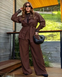 Conjunto Plus Size Calça Pantalona e Blazer Amarração