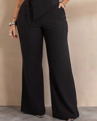 Conjunto Plus Size Calça Pantalona e Cropped Assimetrico Fivela