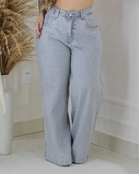 Calça Plus Size Wide Leg Jeans com Brilhos
