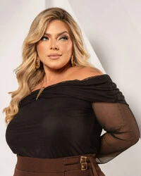 Blusa Tule Plus Size Decote Canoa