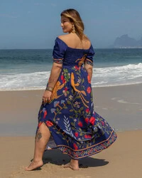 Vestido Plus Size Longo Cigana com Amarril Busto
