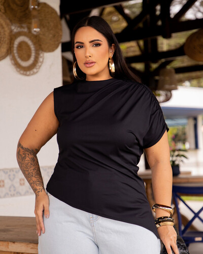 Foto Blusa Plus Size Canelada Assimetricas com Drapeadinho