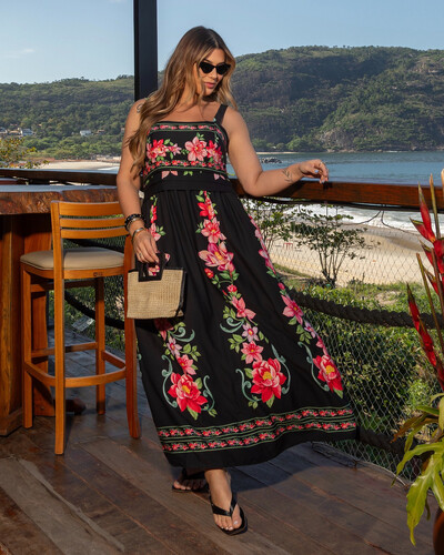 Foto Vestido Plus Size Longo Estampado Alças com Decote Quadrado | Grazy Gouveia