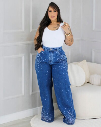 Foto Calça WideLeg Jeans Plus Size Brilhos