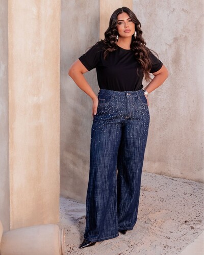 Foto Calça Wide Leg Plus Size Brilhos Jeans