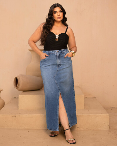 Foto Saia Midi Plus Size Jeans