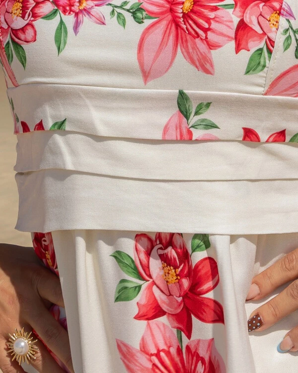 Vestido Plus Size Longo Estampado Alças com Decote Quadrado