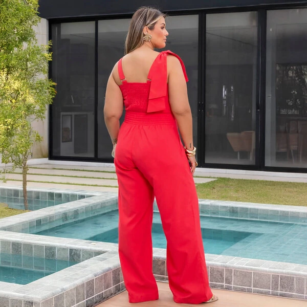 Conjunto Plus Size Calça Pantalona e Blusa Nula Manga Laço