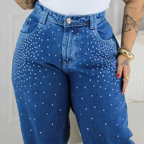 Calça WideLeg Jeans Plus Size Brilhos