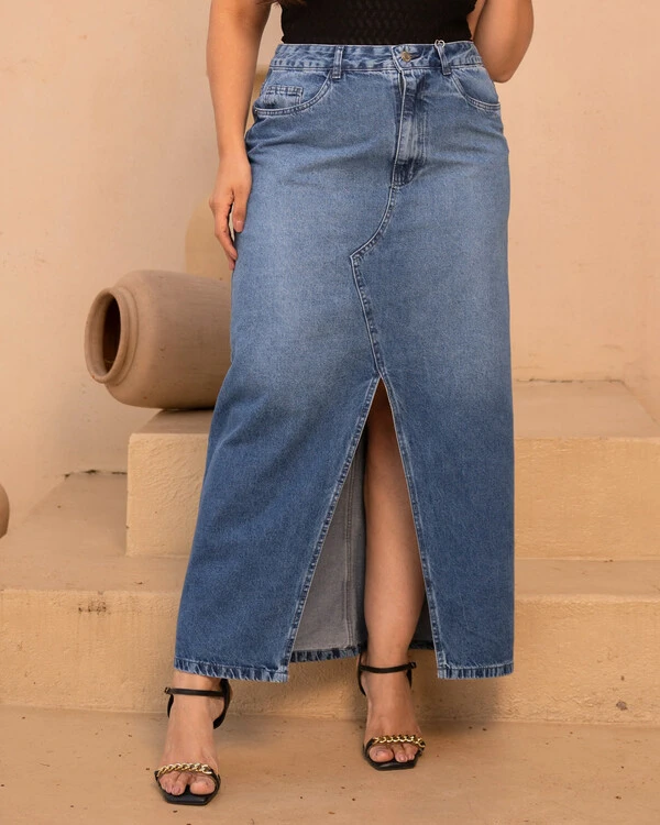 Saia Midi Plus Size Jeans