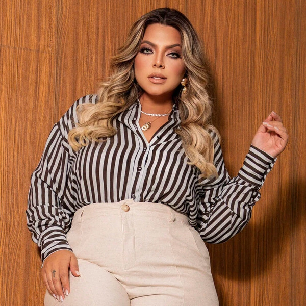Camisa Plus Size Manga Longa Listras