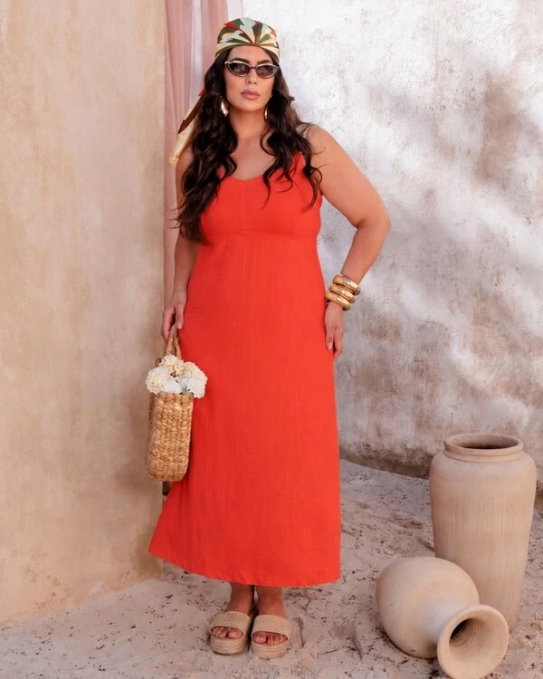 Vestido Plus Size Linho Elegante Midi