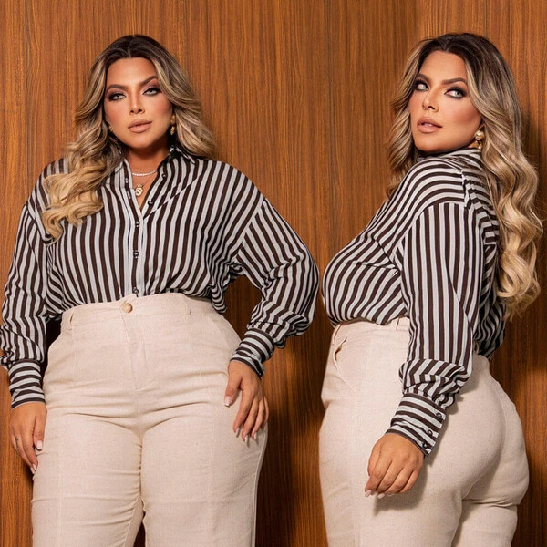 Camisa Plus Size Manga Longa Listras