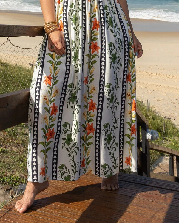Vestido Plus Size Longo Estampado Alças Babados