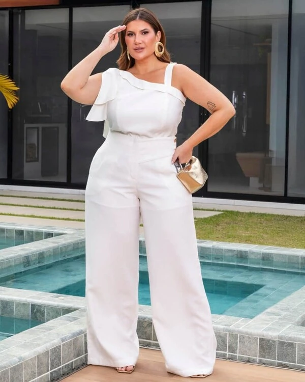 Conjunto Plus Size Calça Pantalona e Blusa Nula Manga Laço