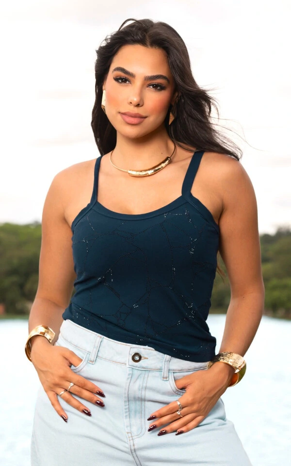 Blusa Plus Size Canelada com Brilhos