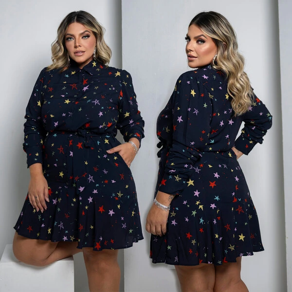 Vestido Plus Size Manga Longa Star