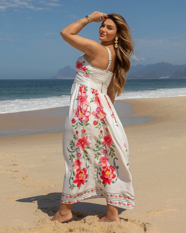 Vestido Plus Size Longo Estampado Alças com Decote Quadrado