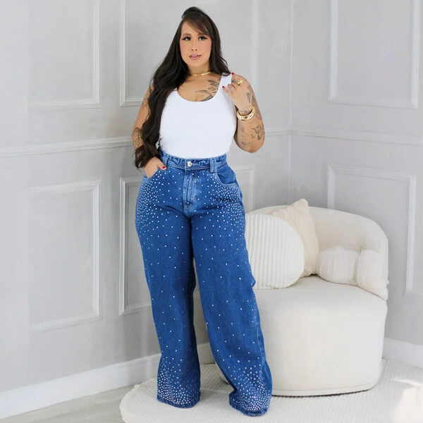 Calça WideLeg Jeans Plus Size Brilhos