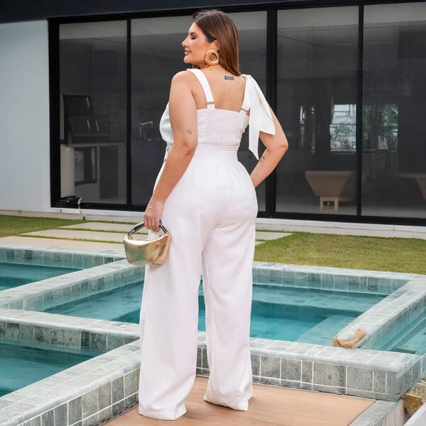 Conjunto Plus Size Calça Pantalona e Blusa Nula Manga Laço