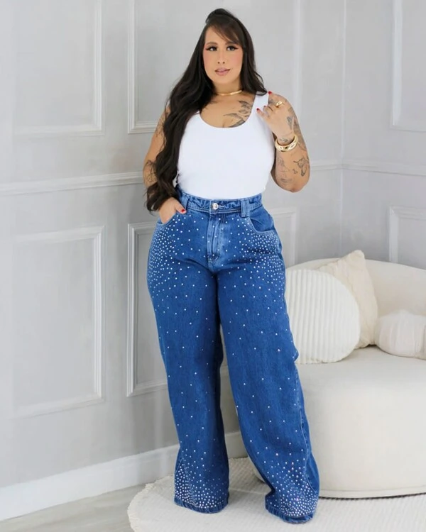 Calça WideLeg Jeans Plus Size Brilhos