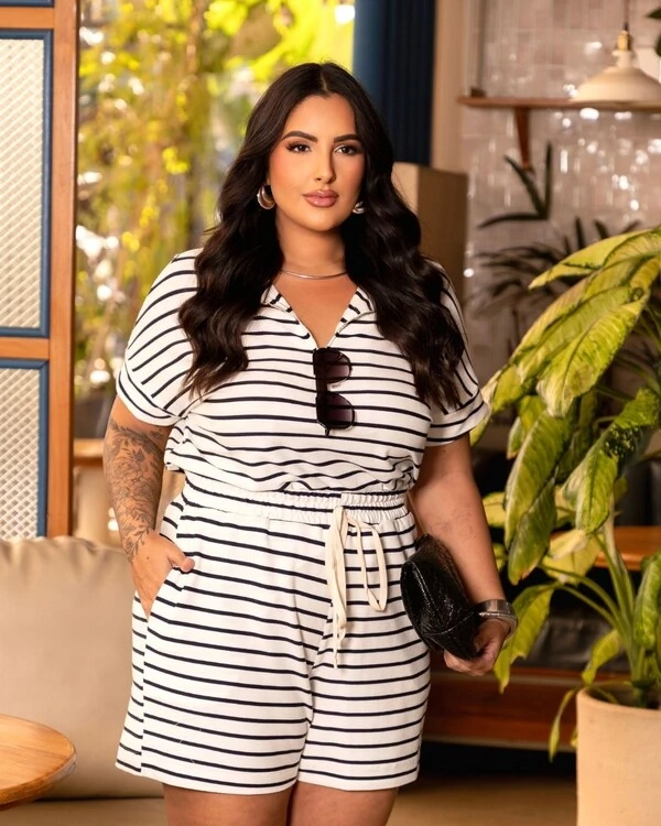 Conjunto Plus Size Short e Tshirt Listras