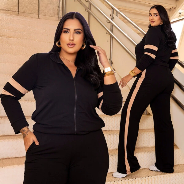 Conjunto Plus Size Jaqueta com Zíper Moletinho