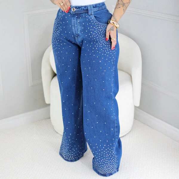 Calça WideLeg Jeans Plus Size Brilhos