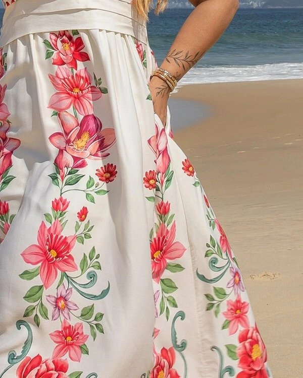 Vestido Plus Size Longo Estampado Alças com Decote Quadrado