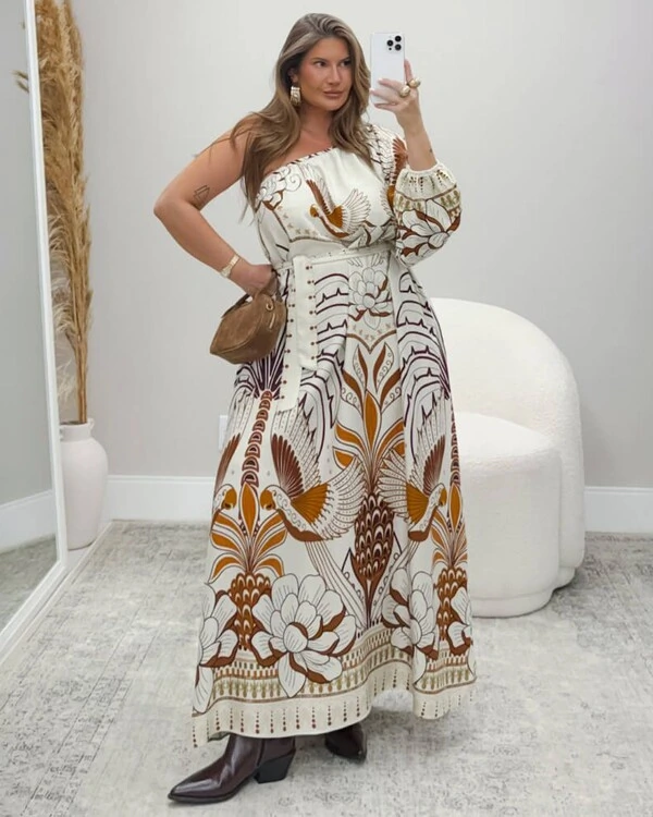 Vestido Longo Plus Size Manga Longa Nula
