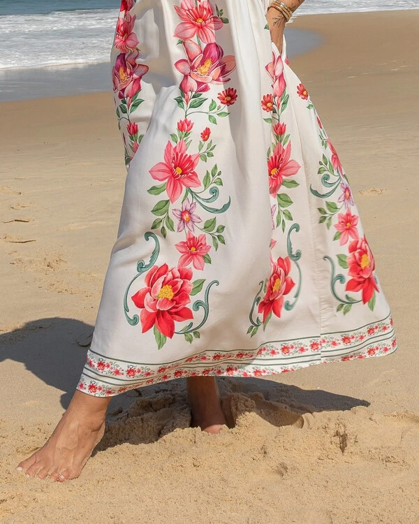 Vestido Plus Size Longo Estampado Alças com Decote Quadrado