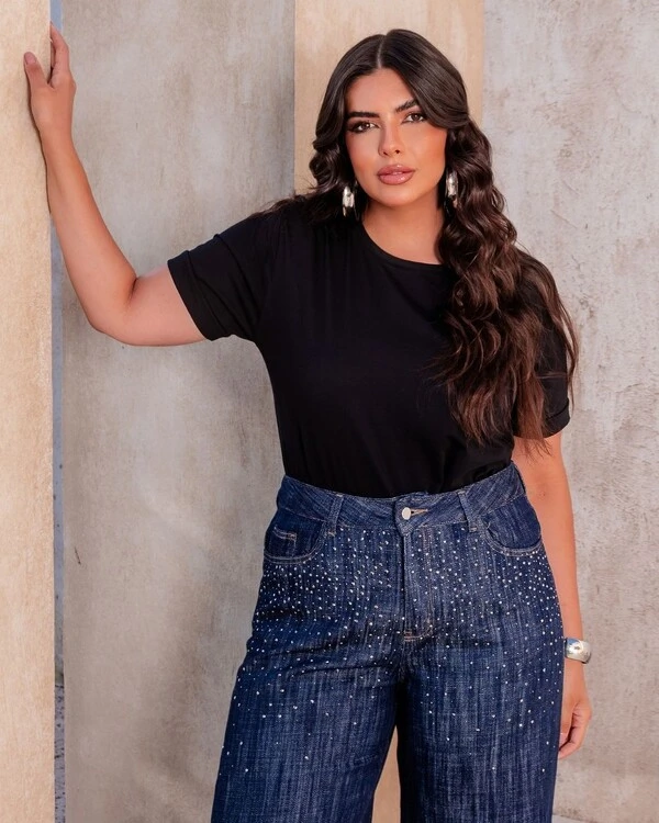 Calça Wide Leg Plus Size Brilhos Jeans