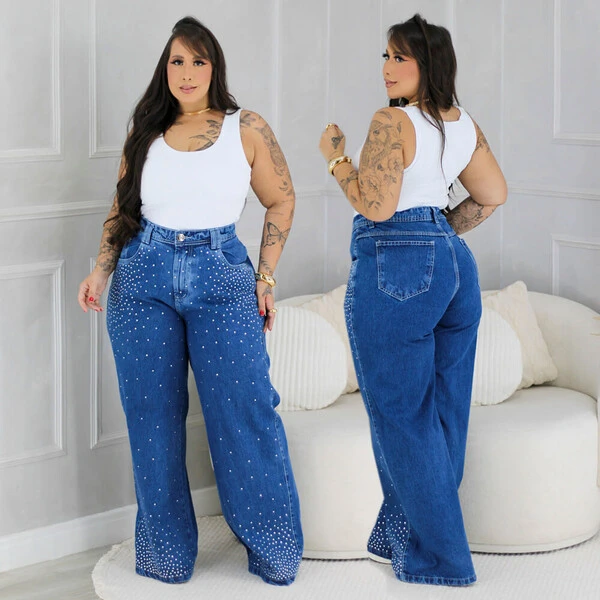 Calça WideLeg Jeans Plus Size Brilhos