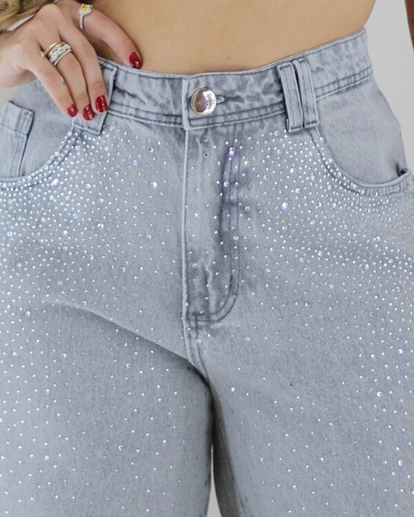 Calça Plus Size Wide Leg Jeans com Brilhos