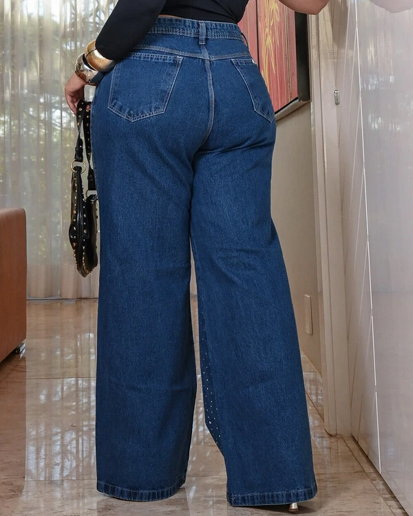 Calça Wide Leg Plus Size Brilhos Strass