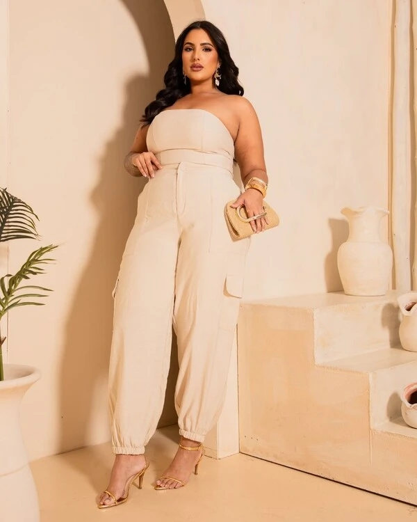 Conjunto Plus Size Aladim Cropped Tomara que Caia e Calça Cargo — Bege e Azul | Rosa Miliossi