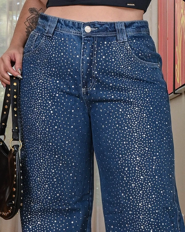 Calça Wide Leg Plus Size Brilhos Strass