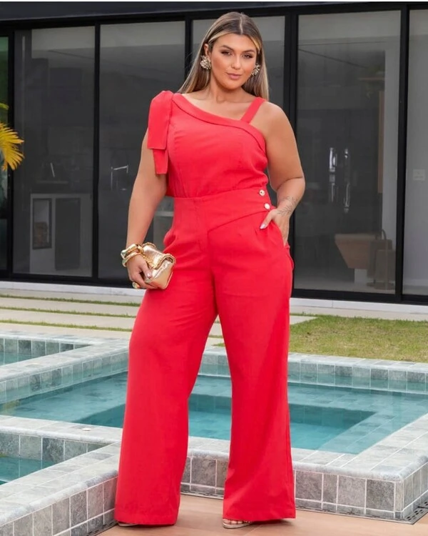 Conjunto Plus Size Calça Pantalona e Blusa Nula Manga Laço