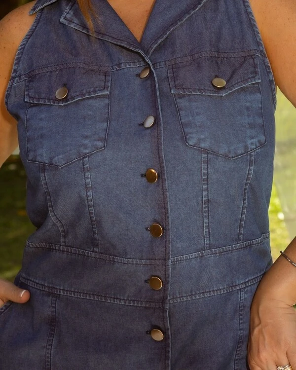 Vestido Plus Size Curto Jeans Botões Elastex