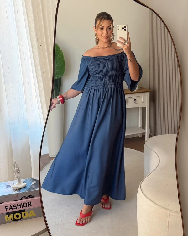 Vestido Plus Size Longo Com Elastex e Manga Tencel
