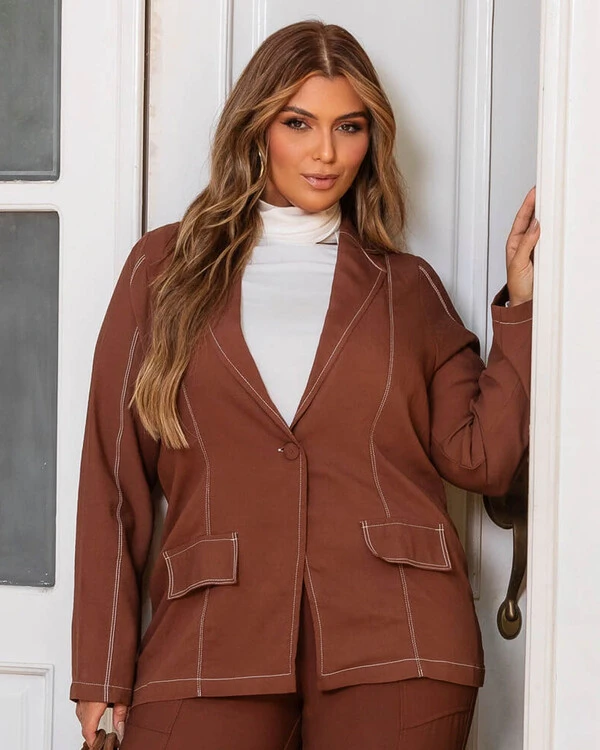 Blazer Plus Size Alongado Pesponto