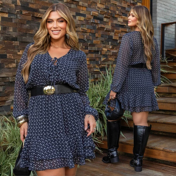 Vestido Curto Plus Size Liberty Manga Longa