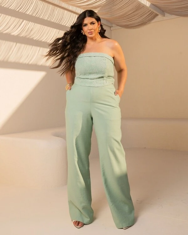 Conjunto Plus Size Cropped Bordado Tomara que Caia e Pantalona — Verde | Divas Voga