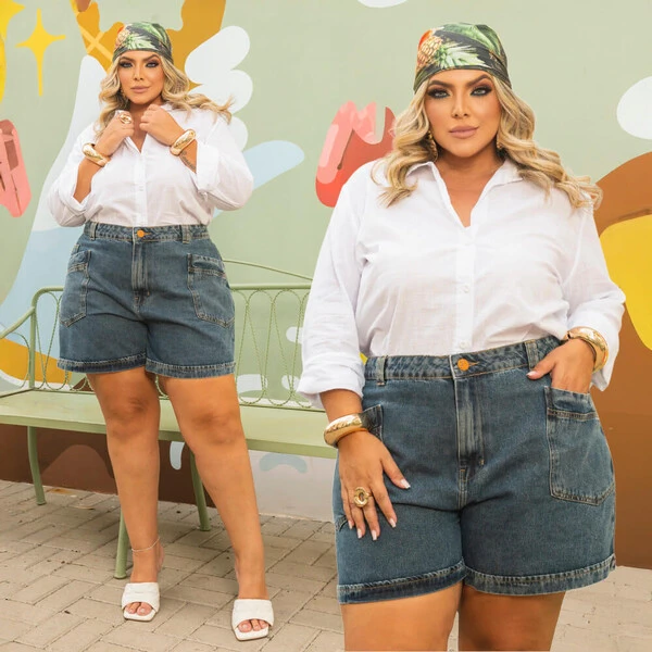 Short Jeans Plus Size Bolso Frontal