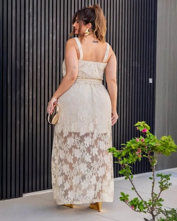 Conjunto Saia Longa Renda e Cropped Plus Size