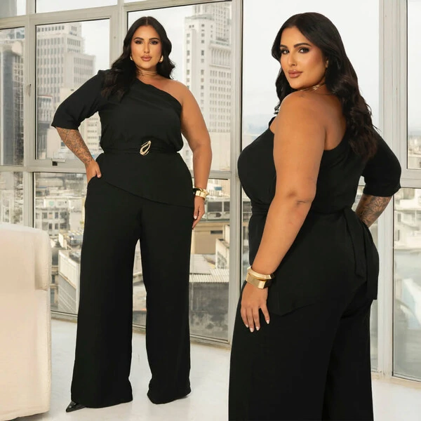 Conjunto Plus Size Calça Pantalona e Blusa Assimetrica
