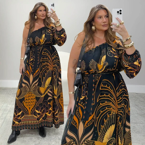 Vestido Longo Plus Size Manga Longa Nula