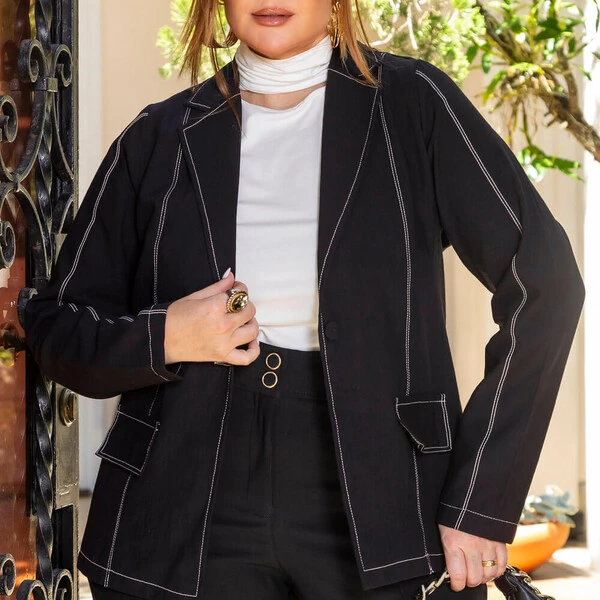 Blazer Plus Size Alongado Pesponto