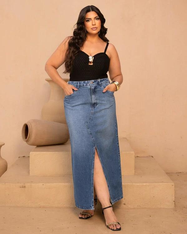 Saia Midi Plus Size Jeans